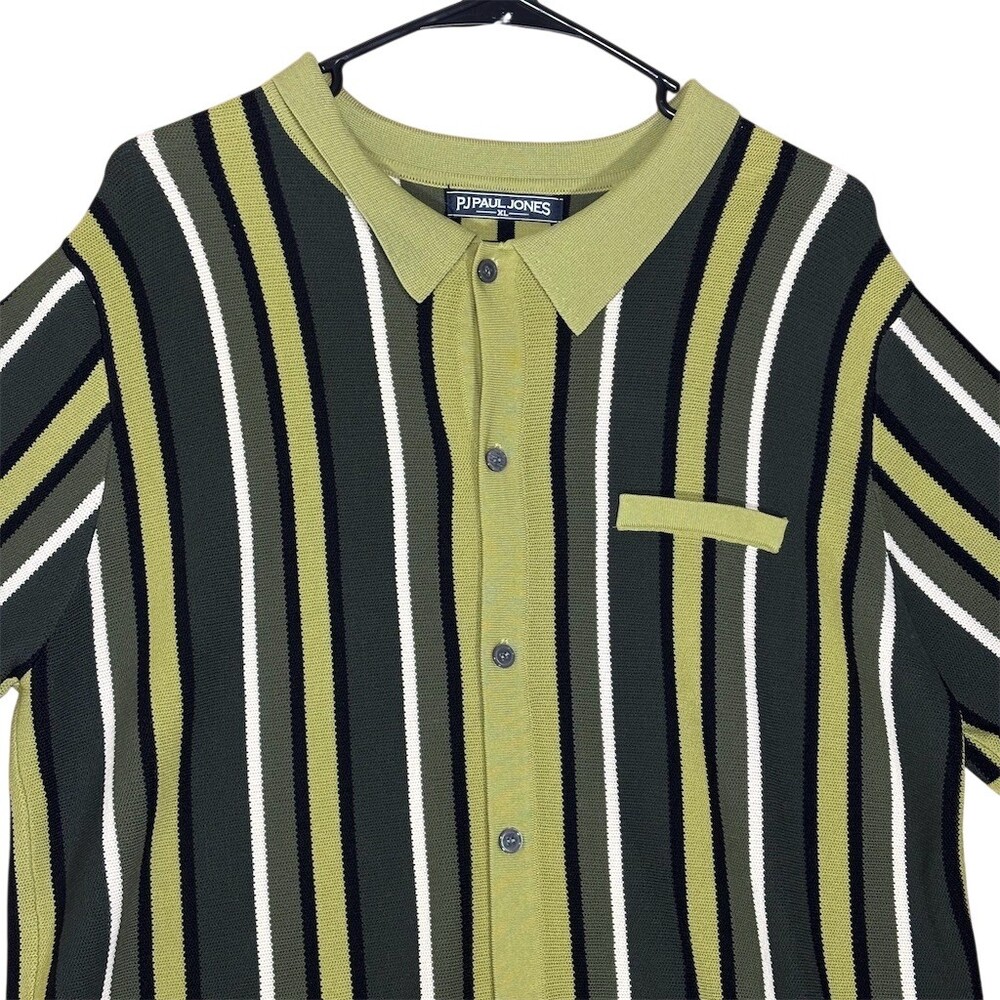 PJ Paul Jones Polo Shirt Men's XL Green Black White Striped Button Front